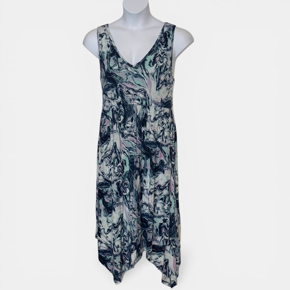 Soma Blue Marble Print Midi Dress Handkerchief Hem Sleeveless Stretch Size L